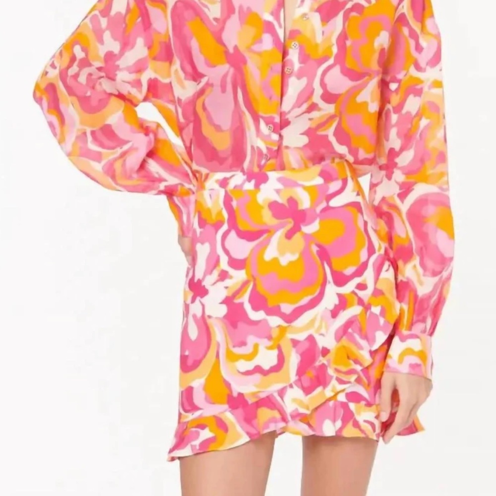 Cami NYC Mika Ruffled Linen Retro Floral Pink and Orange Mini Skirt